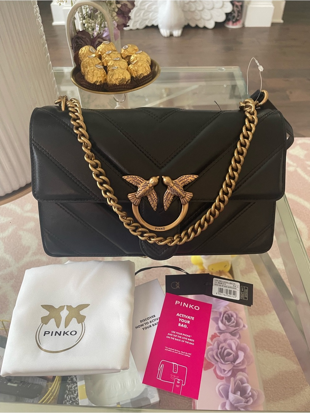 NWT Pinko Black Quilted Leather Shoulder Bag with Gold Hardware